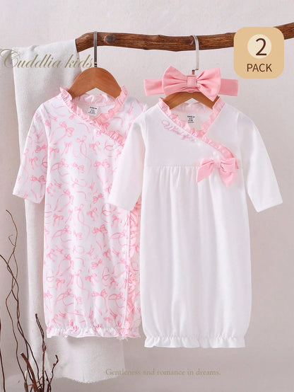 3pcs CuteRuffled Set Newborn Baby Minimalist Elegant Bow Print Long Sleeve Long Nightgown With Headband, Sleepwear Newborn Girl Nightgown Fall Winter