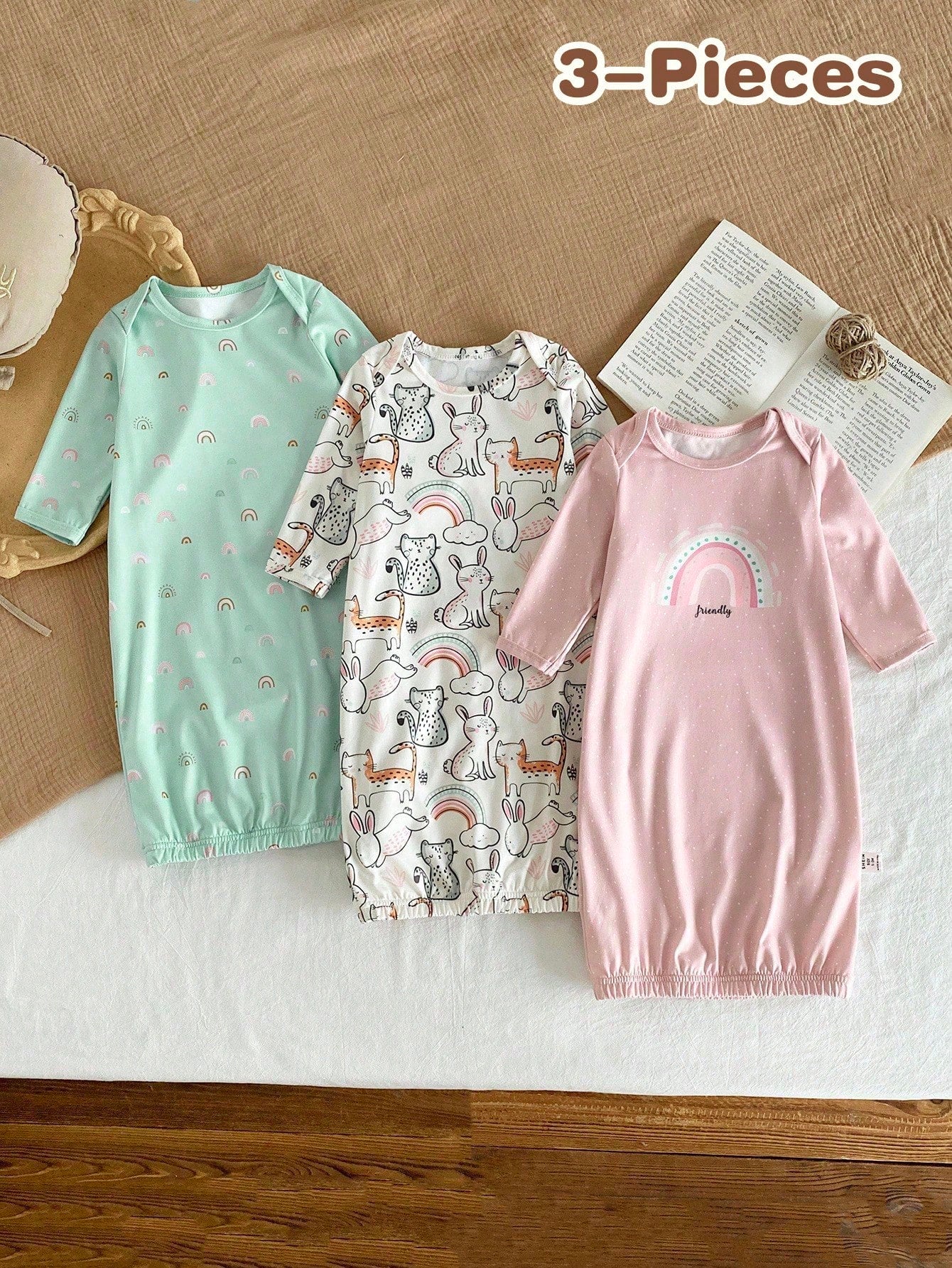 3pcs Newborn Simple & Fashionable Apricot, Pink, Blue Rainbow, Rabbit, Cat Animal Pattern Comfortable Long Sleeve Long Nightgown Loungewear Set