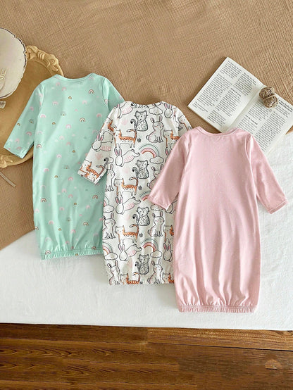 3pcs Newborn Simple & Fashionable Apricot, Pink, Blue Rainbow, Rabbit, Cat Animal Pattern Comfortable Long Sleeve Long Nightgown Loungewear Set