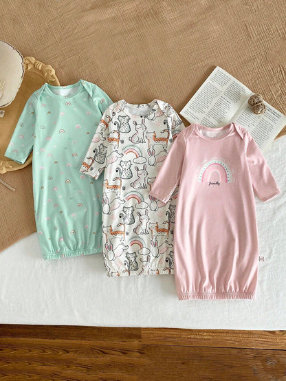 3pcs Newborn Simple & Fashionable Apricot, Pink, Blue Rainbow, Rabbit, Cat Animal Pattern Comfortable Long Sleeve Long Nightgown Loungewear Set