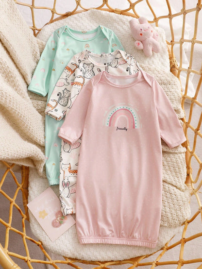 3pcs Newborn Simple & Fashionable Apricot, Pink, Blue Rainbow, Rabbit, Cat Animal Pattern Comfortable Long Sleeve Long Nightgown Loungewear Set