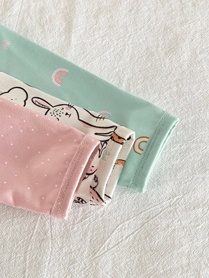 3pcs Newborn Simple & Fashionable Apricot, Pink, Blue Rainbow, Rabbit, Cat Animal Pattern Comfortable Long Sleeve Long Nightgown Loungewear Set