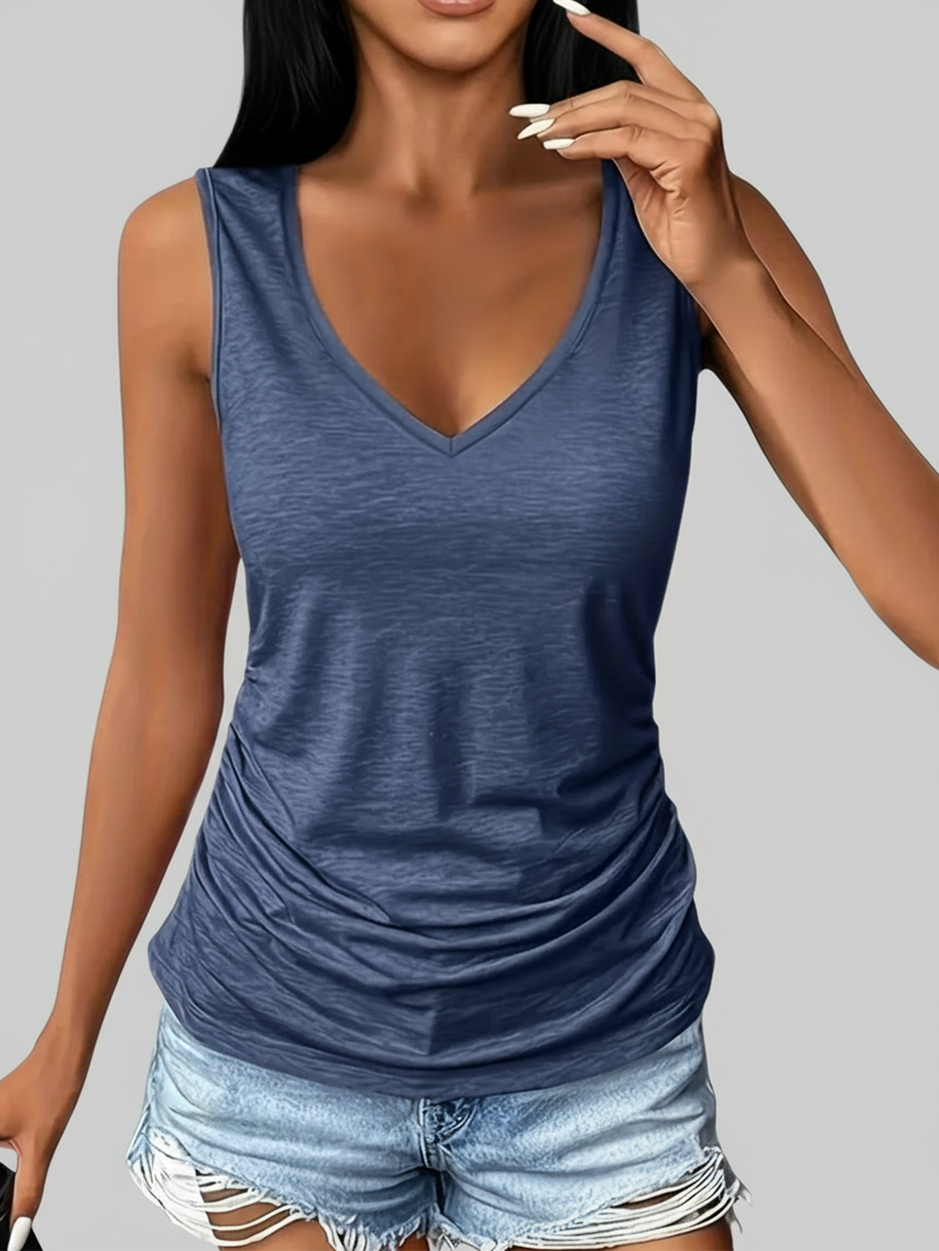 3pcs Plus Size Women Casual Sleeveless V-Neck Tank Tops- Loose Fit Solid Color Shirts (Black/Grey/Blue), Machine Washable, For All Seasons Summer, Everyday Wear, For Curvy Women