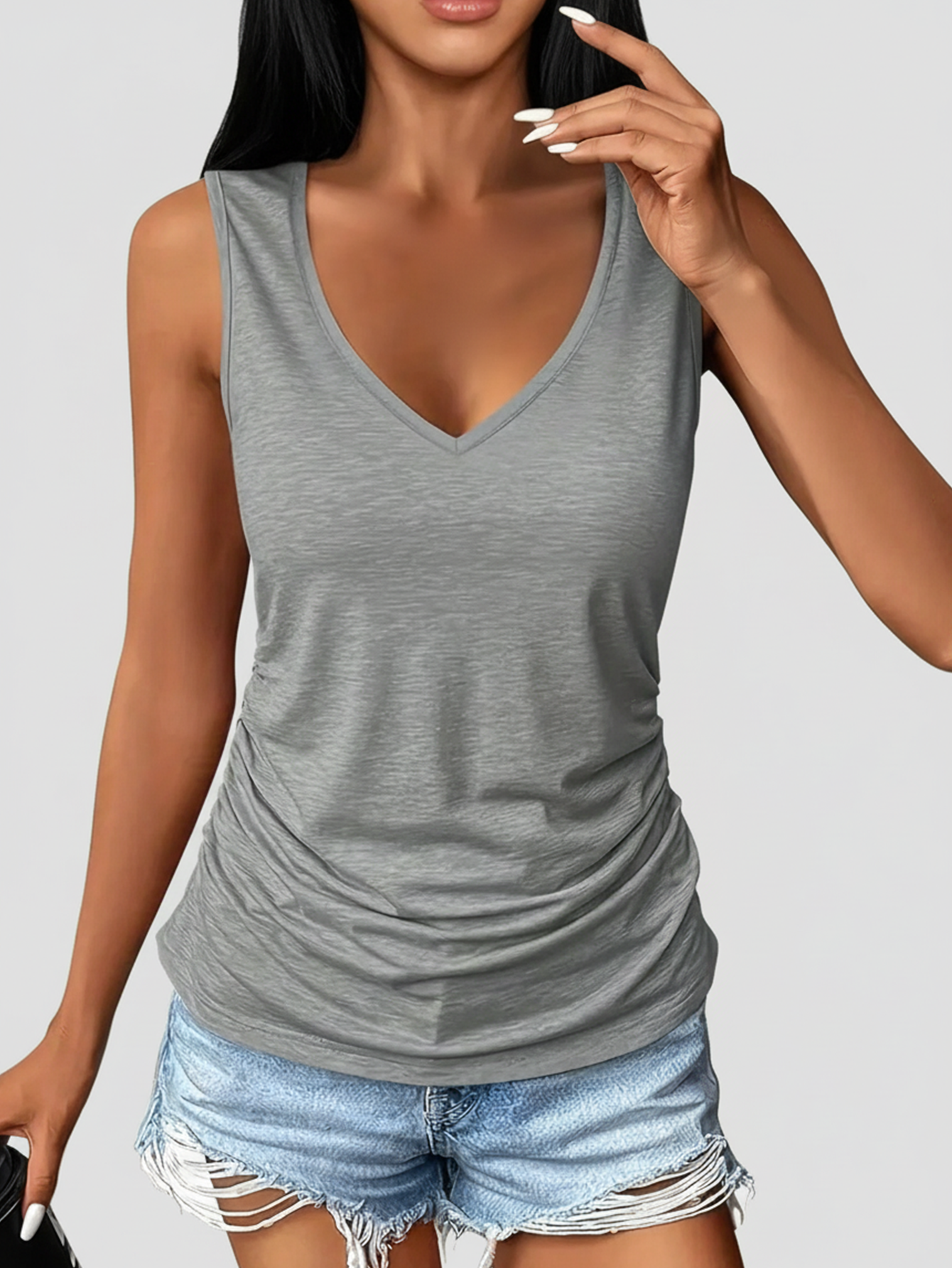 3pcs Plus Size Women Casual Sleeveless V-Neck Tank Tops- Loose Fit Solid Color Shirts (Black/Grey/Blue), Machine Washable, For All Seasons Summer, Everyday Wear, For Curvy Women