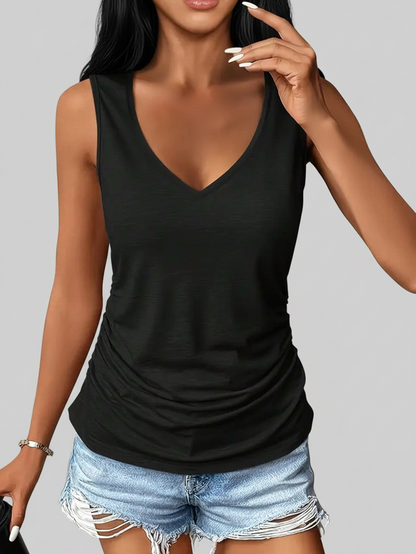 3pcs Plus Size Women Casual Sleeveless V-Neck Tank Tops- Loose Fit Solid Color Shirts (Black/Grey/Blue), Machine Washable, For All Seasons Summer, Everyday Wear, For Curvy Women