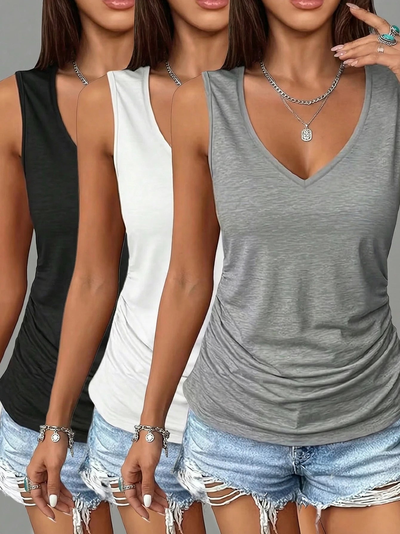 3pcs Plus Size Women Casual Sleeveless V-Neck Tank Tops- Loose Fit Solid Color Shirts (Black/Grey/Blue), Machine Washable, For All Seasons Summer, Everyday Wear, For Curvy Women