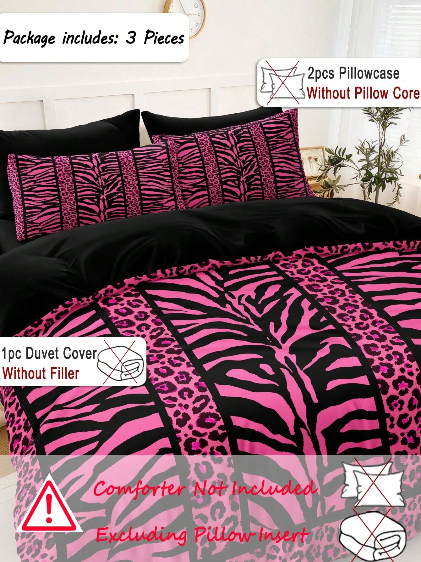 3pcs Rose, Leopard, Zebra Print Bedding Set (1 Duvet Cover + 2 Pillowcases, Comforter Not Included), Soft Polyester Fabric For Daily Use, Suitable For Bedroom All Year Round, Striking Animal Patterns