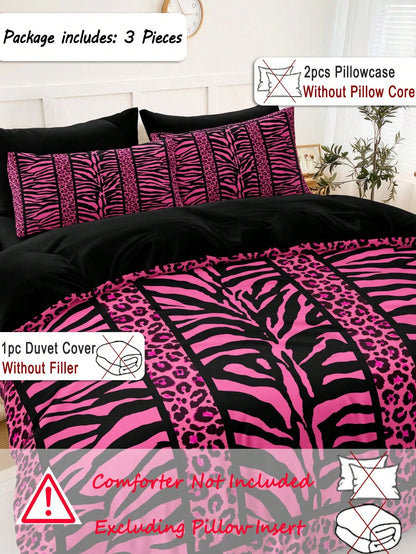 3pcs Rose, Leopard, Zebra Print Bedding Set (1 Duvet Cover + 2 Pillowcases, Comforter Not Included), Soft Polyester Fabric For Daily Use, Suitable For Bedroom All Year Round, Striking Animal Patterns