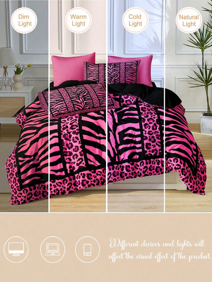 3pcs Rose, Leopard, Zebra Print Bedding Set (1 Duvet Cover + 2 Pillowcases, Comforter Not Included), Soft Polyester Fabric For Daily Use, Suitable For Bedroom All Year Round, Striking Animal Patterns