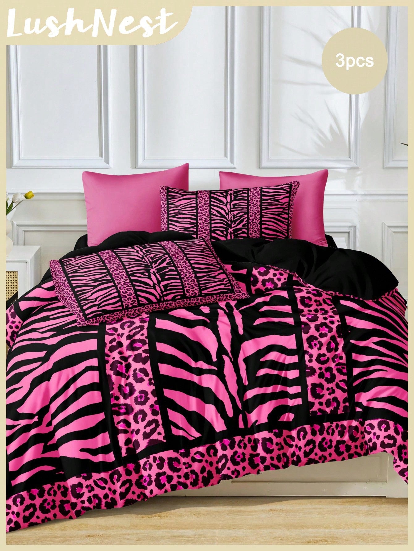 3pcs Rose, Leopard, Zebra Print Bedding Set (1 Duvet Cover + 2 Pillowcases, Comforter Not Included), Soft Polyester Fabric For Daily Use, Suitable For Bedroom All Year Round, Striking Animal Patterns