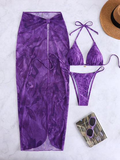 3pcs/Set 2026 Floral Sexy European And American Style Swimwear, Summer Vacation Mesh Maxi Dress Bikini Beach Swimwear