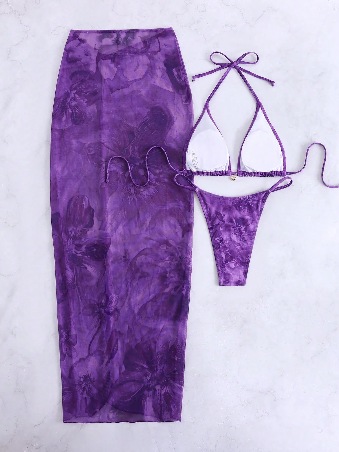 3pcs/Set 2026 Floral Sexy European And American Style Swimwear, Summer Vacation Mesh Maxi Dress Bikini Beach Swimwear