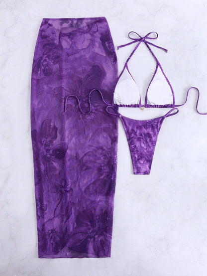 3pcs/Set 2026 Floral Sexy European And American Style Swimwear, Summer Vacation Mesh Maxi Dress Bikini Beach Swimwear