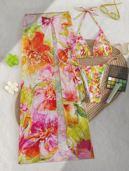 3pcs/Set 2026 Floral Sexy European And American Style Swimwear, Summer Vacation Mesh Maxi Dress Bikini Beach Swimwear