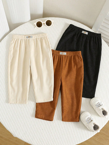 3pcs/Set Baby Boy Casual Autumn/Winter Solid Color Versatile Corduroy Long Pants, All-Match Long Pants Multi-Pack