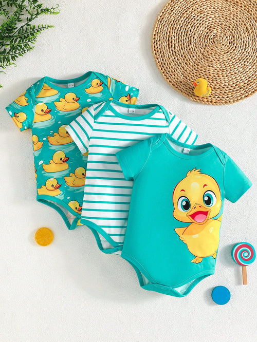 3pcs/Set Newborn Baby Cute Duck Print Outdoor Casual Bodysuit, Short Sleeve Summer Bodysuit
