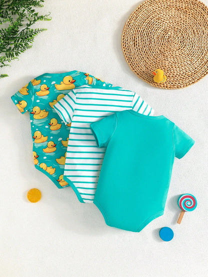 3pcs/Set Newborn Baby Cute Duck Print Outdoor Casual Bodysuit, Short Sleeve Summer Bodysuit