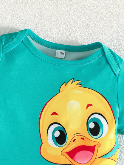 3pcs/Set Newborn Baby Cute Duck Print Outdoor Casual Bodysuit, Short Sleeve Summer Bodysuit