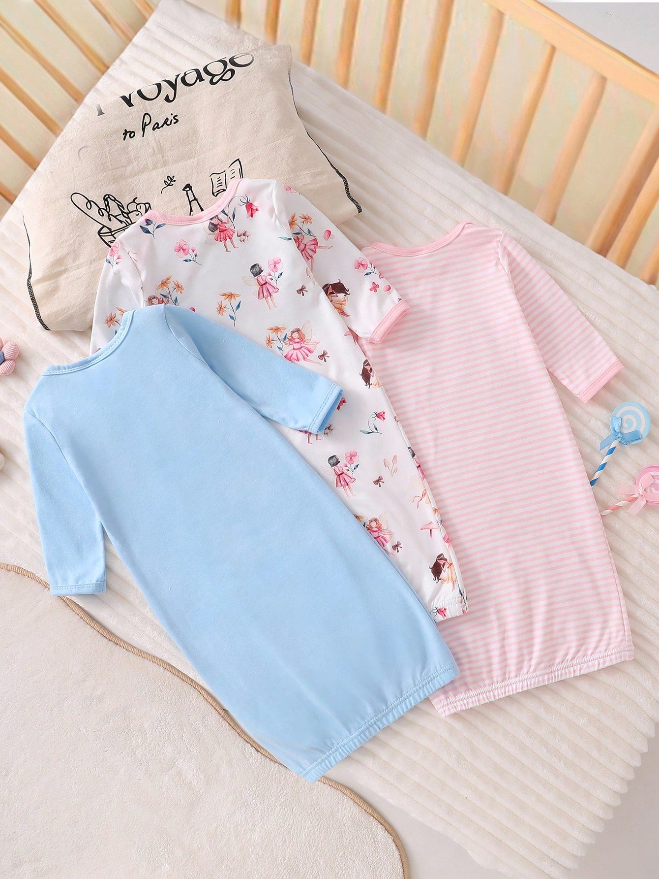 3pcs Set Newborn Simple Fashion Cute Cartoon Print Long Sleeve Long Dress Sleepwear