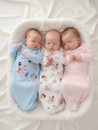 3pcs Set Newborn Simple Fashion Cute Cartoon Print Long Sleeve Long Dress Sleepwear