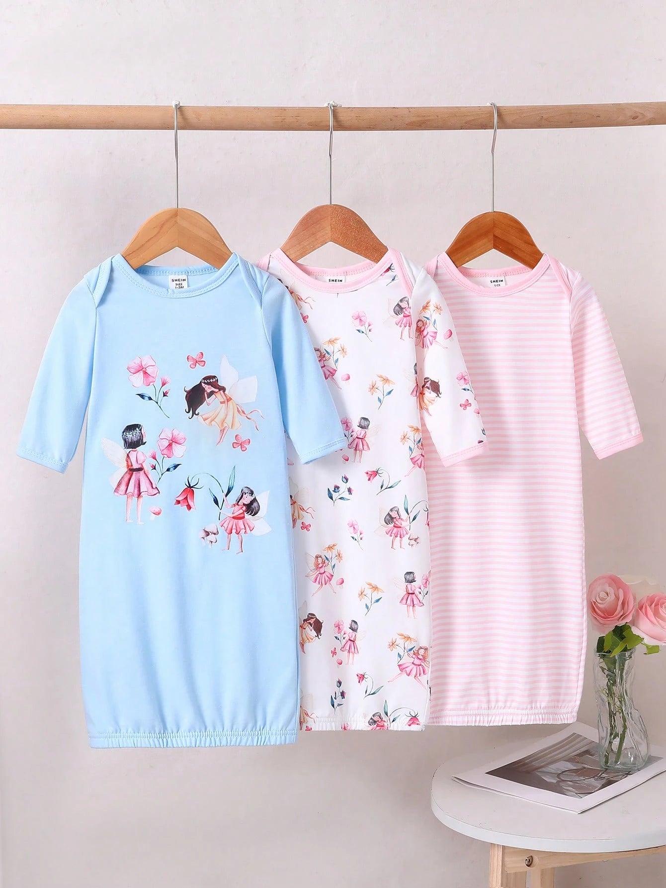 3pcs Set Newborn Simple Fashion Cute Cartoon Print Long Sleeve Long Dress Sleepwear