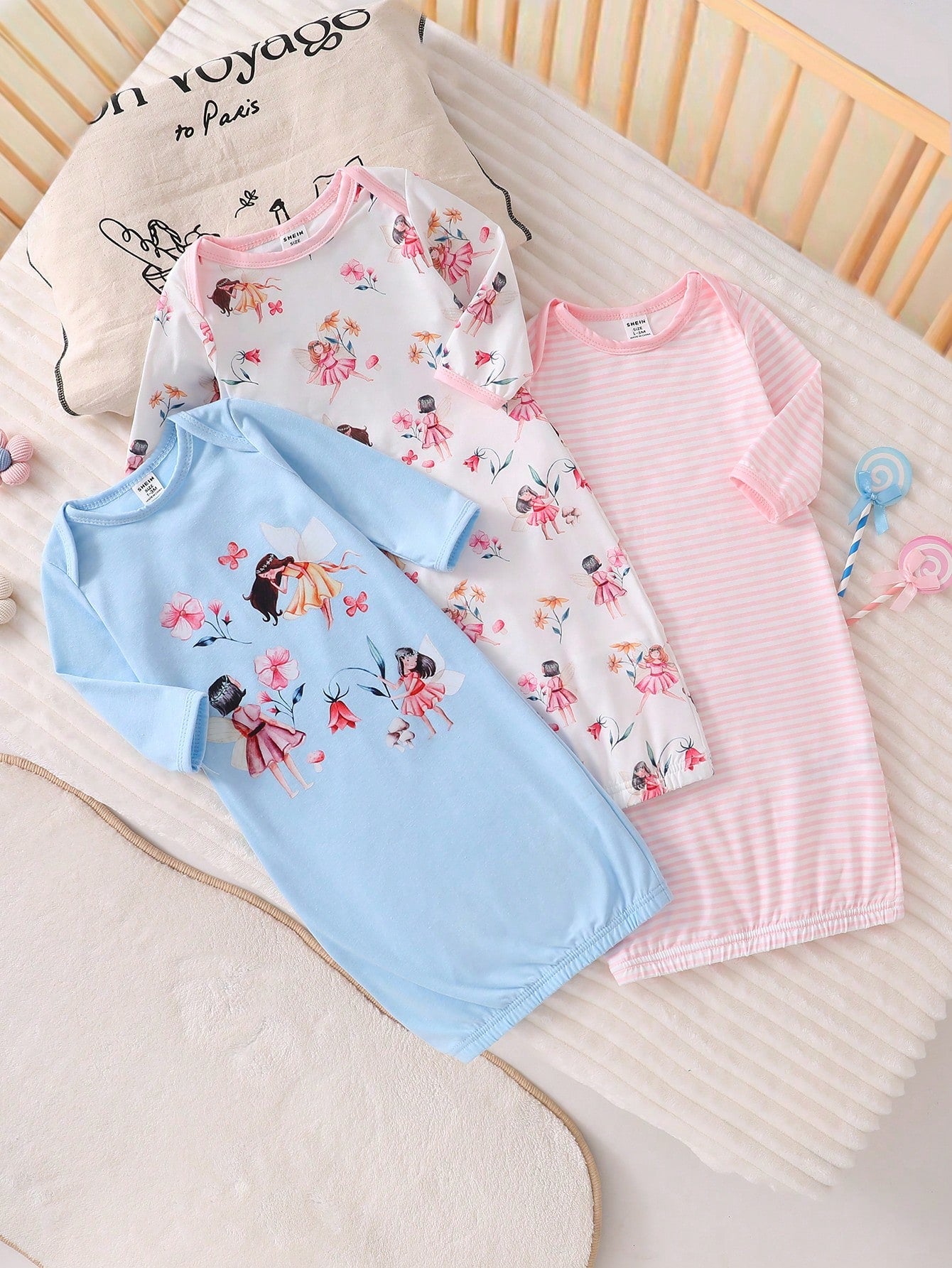 3pcs Set Newborn Simple Fashion Cute Cartoon Print Long Sleeve Long Dress Sleepwear