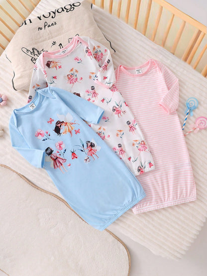 3pcs Set Newborn Simple Fashion Cute Cartoon Print Long Sleeve Long Dress Sleepwear