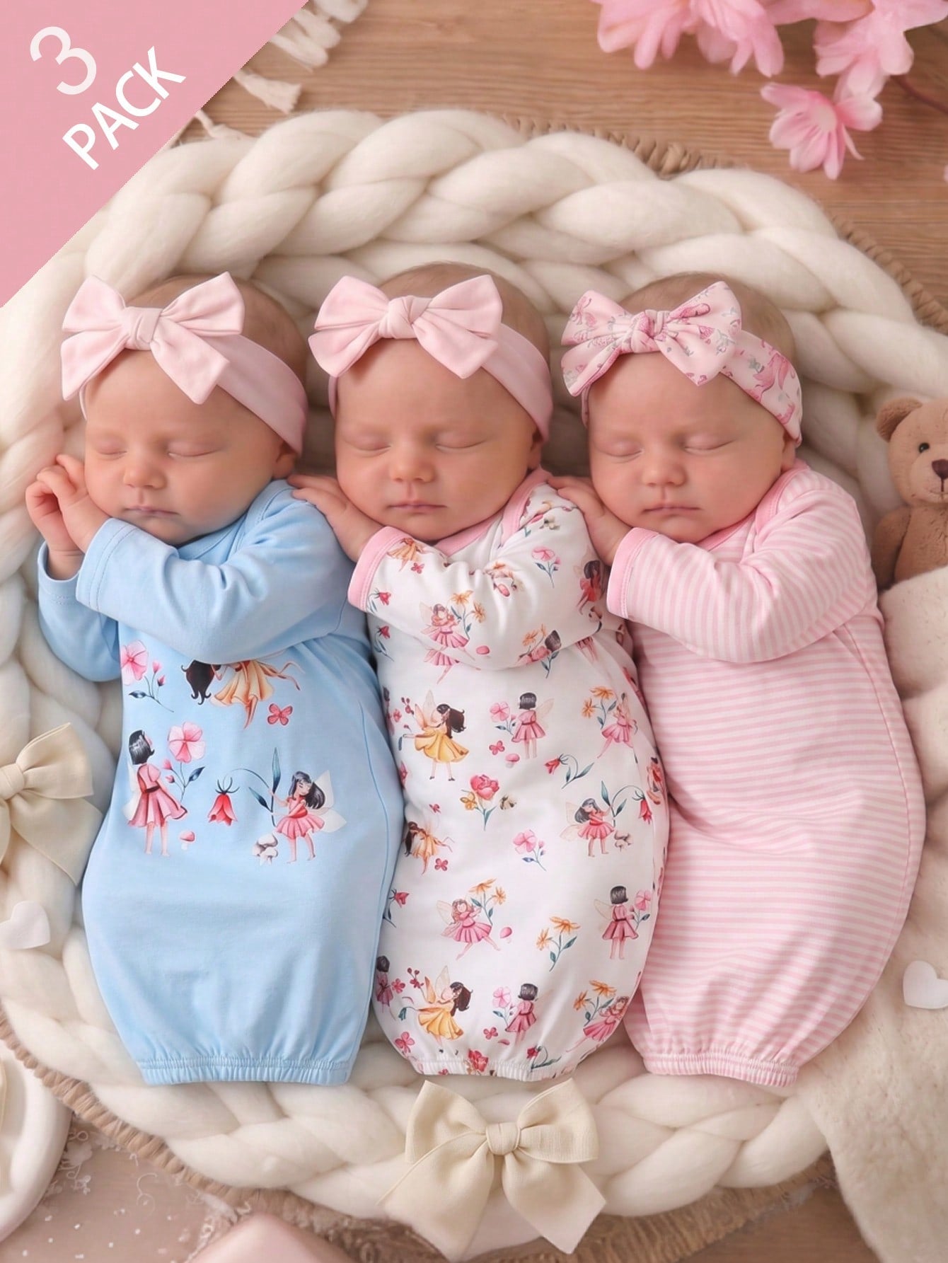 3pcs Set Newborn Simple Fashion Cute Cartoon Print Long Sleeve Long Dress Sleepwear