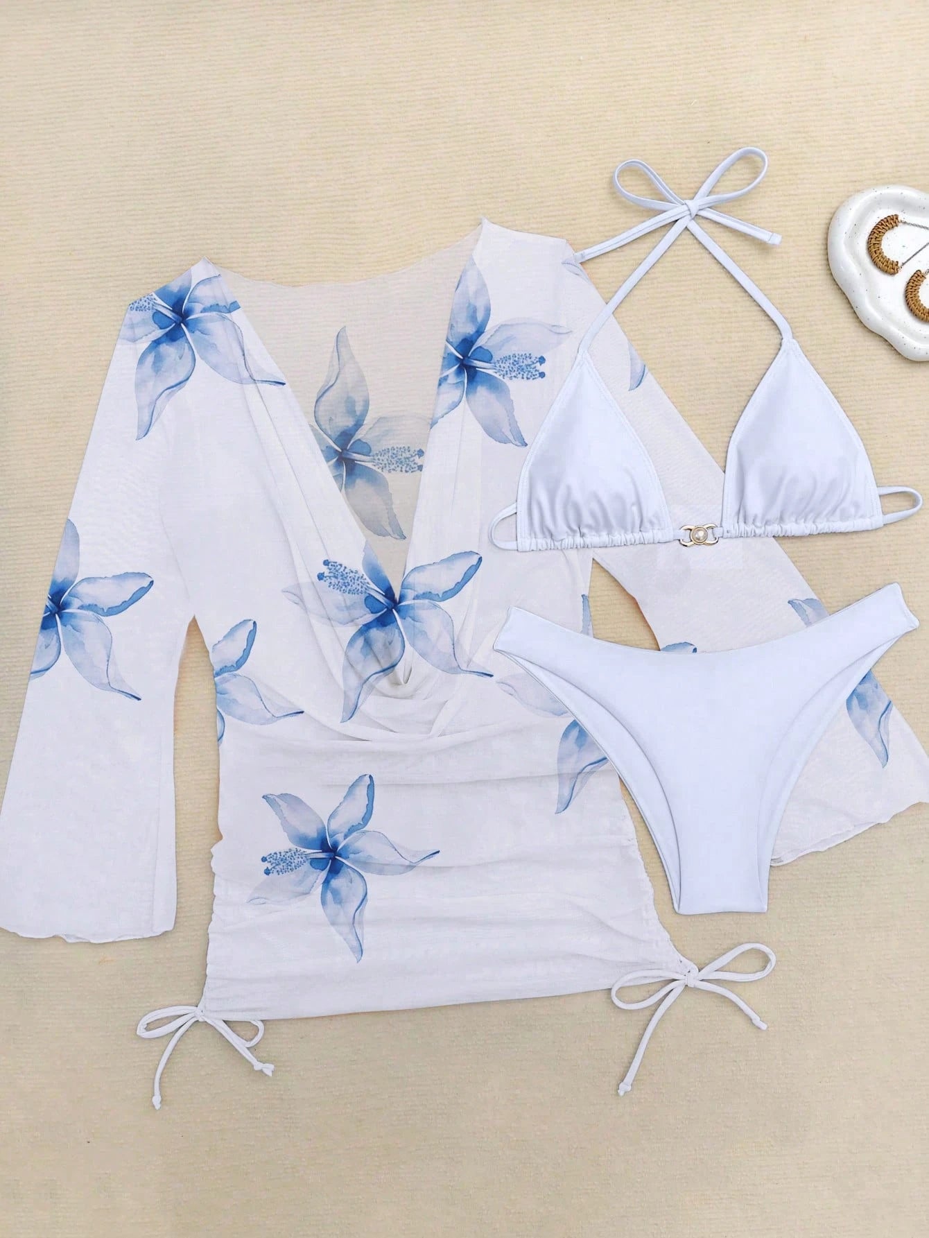3pcs/Set Vacation Beach Floral Jacquard Bikini Set, New Summer Pearl Button Chiffon Printed Camisole, Bra, Panty Swimsuit, Removable Swimsuit Padding, Swimwear, Women Summer Dress, Women Summer Clothi