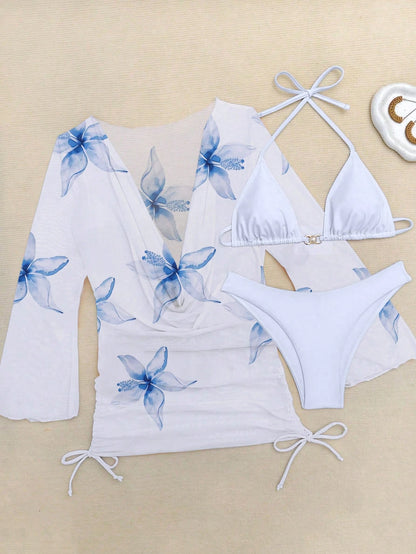 3pcs/Set Vacation Beach Floral Jacquard Bikini Set, New Summer Pearl Button Chiffon Printed Camisole, Bra, Panty Swimsuit, Removable Swimsuit Padding, Swimwear, Women Summer Dress, Women Summer Clothi