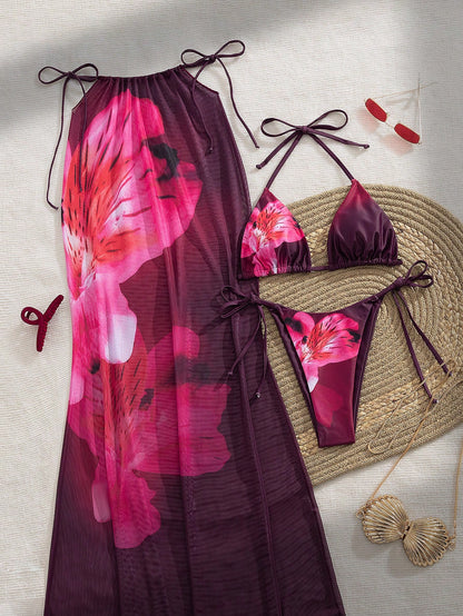 3pcs/Set Women's Summer Floral Print Halter Neck Tied Skirt And Bikini Swimsuit Vacation Beach