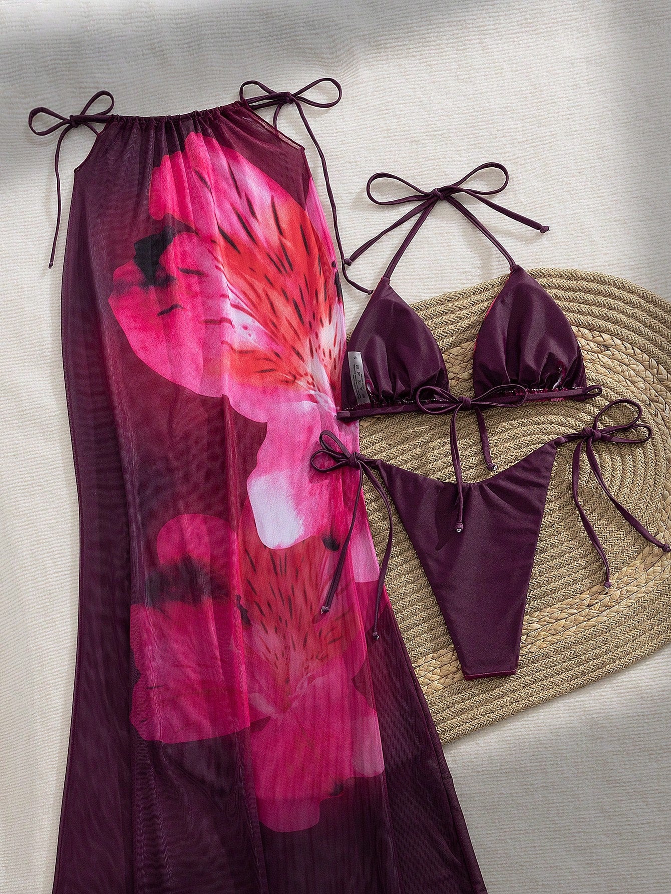 3pcs/Set Women's Summer Floral Print Halter Neck Tied Skirt And Bikini Swimsuit Vacation Beach