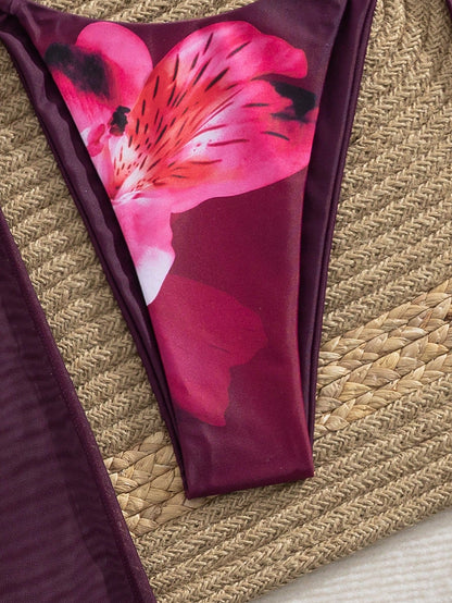 3pcs/Set Women's Summer Floral Print Halter Neck Tied Skirt And Bikini Swimsuit Vacation Beach
