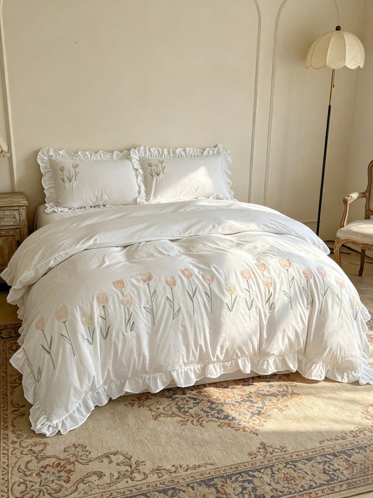 3pcs Soft & Comfortable White Ruffle Tulip Embroidery Duvet Cover Set (1*Duvet Cover + 2*Pillow Shams, Excluding Filler), French Pastoral Style, Suitable For Bedroom, Guest Room, Boys & Girls, Machine