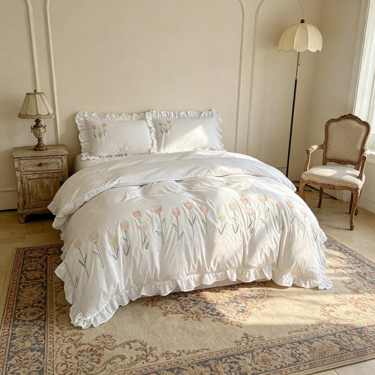 3pcs Soft & Comfortable White Ruffle Tulip Embroidery Duvet Cover Set (1*Duvet Cover + 2*Pillow Shams, Excluding Filler), French Pastoral Style, Suitable For Bedroom, Guest Room, Boys & Girls, Machine