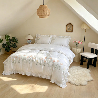 3pcs Soft & Comfortable White Ruffle Tulip Embroidery Duvet Cover Set (1*Duvet Cover + 2*Pillow Shams, Excluding Filler), French Pastoral Style, Suitable For Bedroom, Guest Room, Boys & Girls, Machine