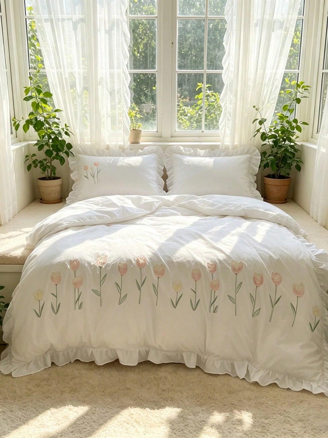 3pcs Soft & Comfortable White Ruffle Tulip Embroidery Duvet Cover Set (1*Duvet Cover + 2*Pillow Shams, Excluding Filler), French Pastoral Style, Suitable For Bedroom, Guest Room, Boys & Girls, Machine