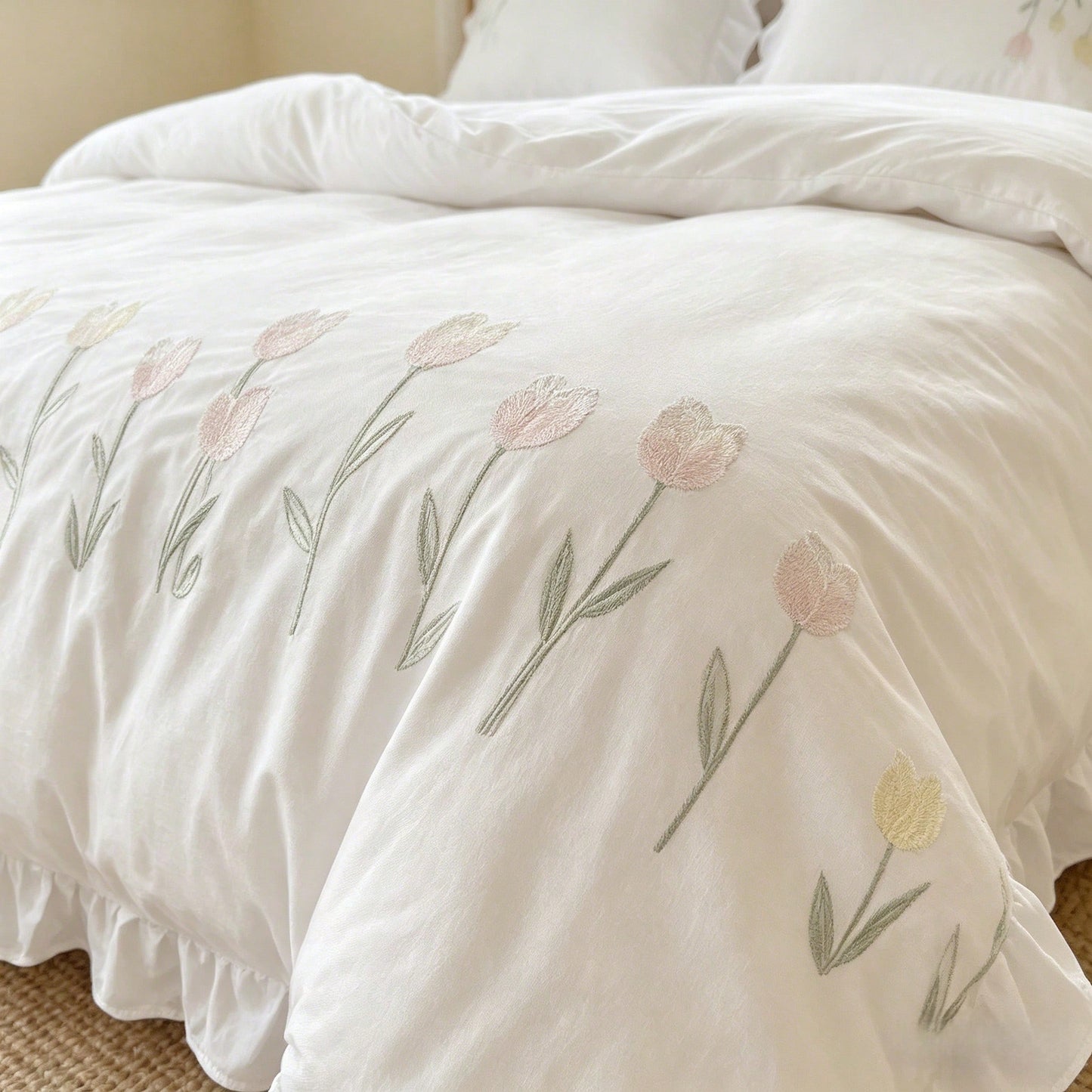 3pcs Soft & Comfortable White Ruffle Tulip Embroidery Duvet Cover Set (1*Duvet Cover + 2*Pillow Shams, Excluding Filler), French Pastoral Style, Suitable For Bedroom, Guest Room, Boys & Girls, Machine