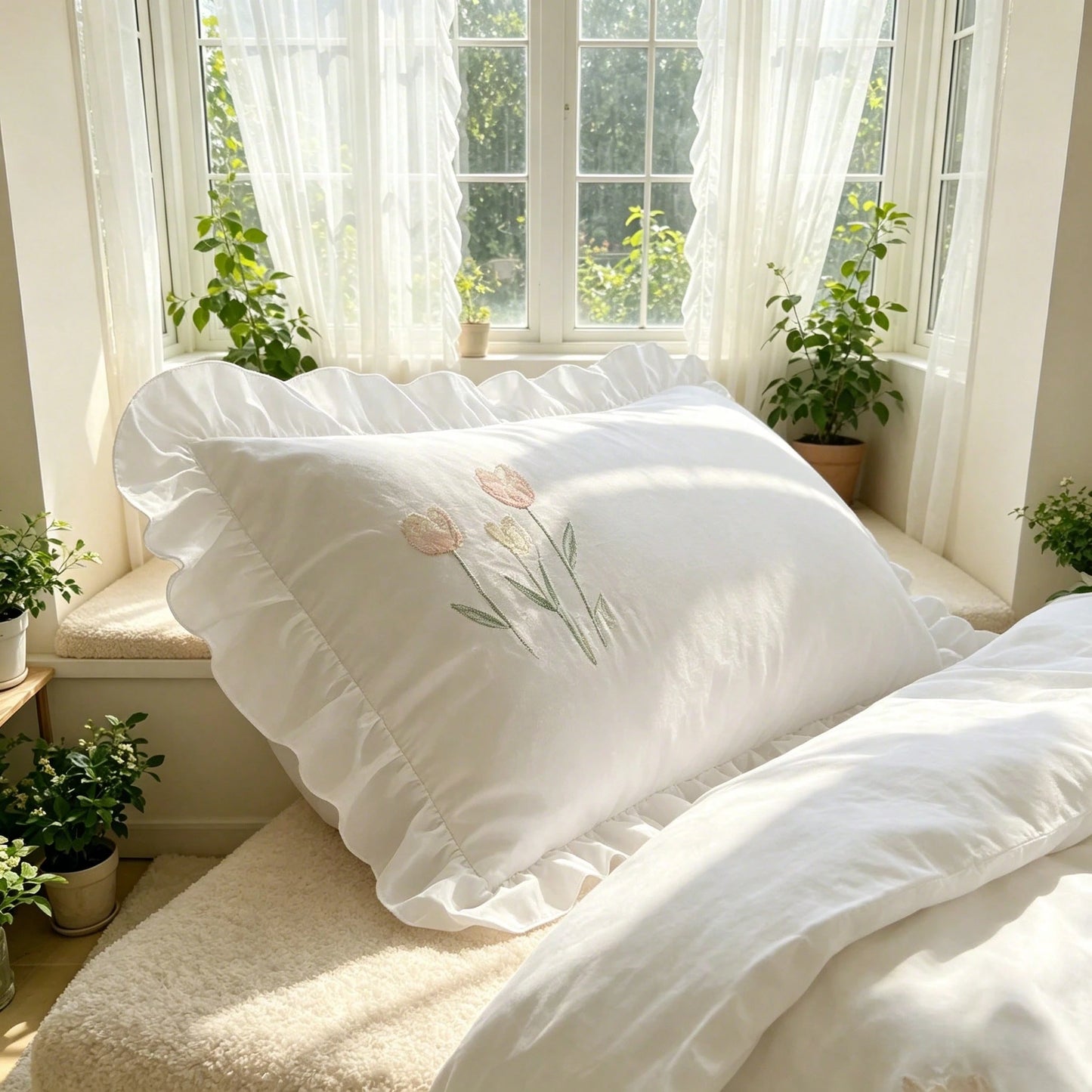 3pcs Soft & Comfortable White Ruffle Tulip Embroidery Duvet Cover Set (1*Duvet Cover + 2*Pillow Shams, Excluding Filler), French Pastoral Style, Suitable For Bedroom, Guest Room, Boys & Girls, Machine