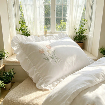 3pcs Soft & Comfortable White Ruffle Tulip Embroidery Duvet Cover Set (1*Duvet Cover + 2*Pillow Shams, Excluding Filler), French Pastoral Style, Suitable For Bedroom, Guest Room, Boys & Girls, Machine