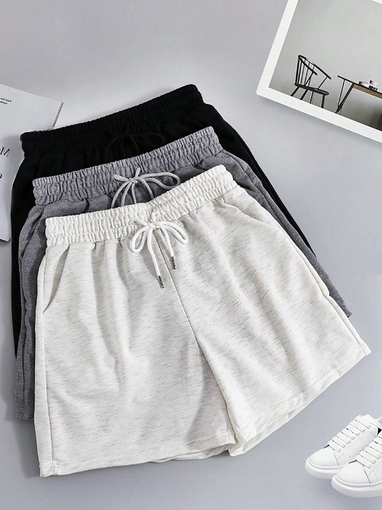 3pcs Solid Color Casual Shorts, Drawstring Elastic Waist Running Fitness Shorts, Women's Summer Sports Shorts, Jogging Shorts, Ladies Boxer Shorts