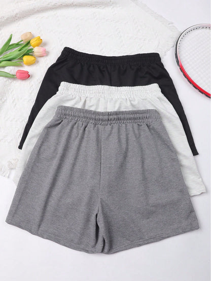3pcs Solid Color Casual Shorts, Drawstring Elastic Waist Running Fitness Shorts, Women's Summer Sports Shorts, Jogging Shorts, Ladies Boxer Shorts