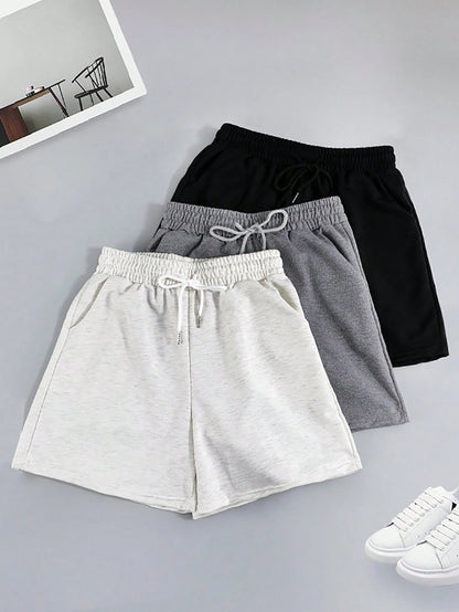 3pcs Solid Color Casual Shorts, Drawstring Elastic Waist Running Fitness Shorts, Women's Summer Sports Shorts, Jogging Shorts, Ladies Boxer Shorts