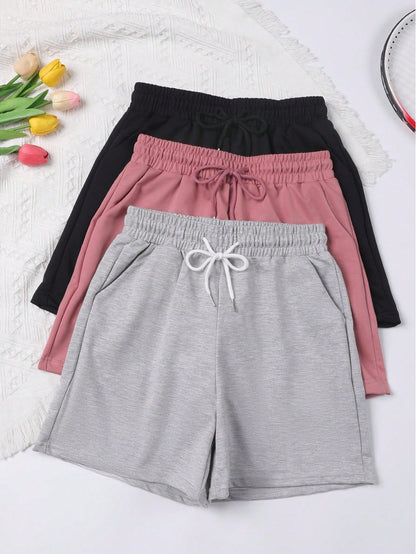 3pcs Solid Color Casual Shorts, Drawstring Elastic Waist Running Fitness Shorts, Women's Summer Sports Shorts, Jogging Shorts, Ladies Boxer Shorts