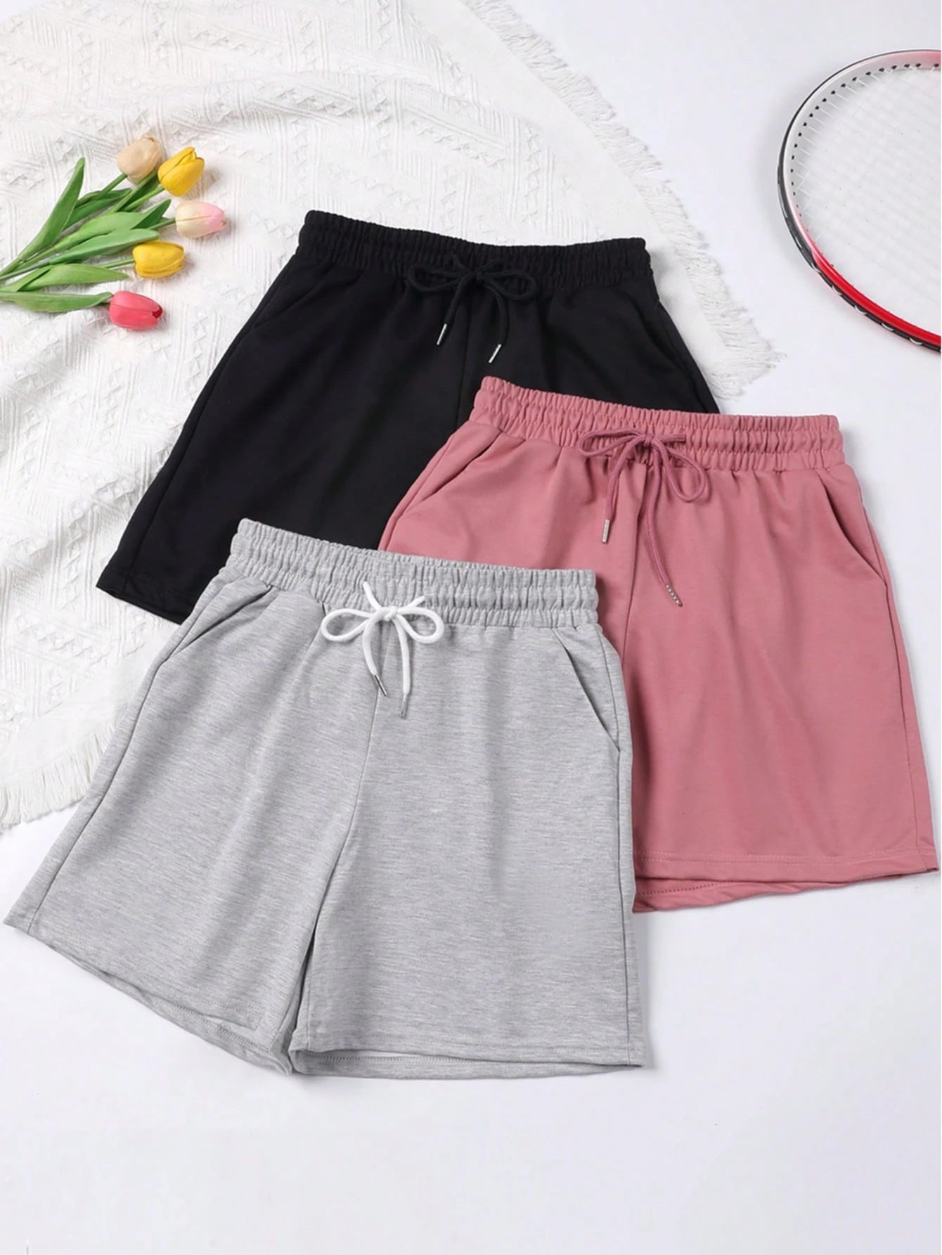 3pcs Solid Color Casual Shorts, Drawstring Elastic Waist Running Fitness Shorts, Women's Summer Sports Shorts, Jogging Shorts, Ladies Boxer Shorts
