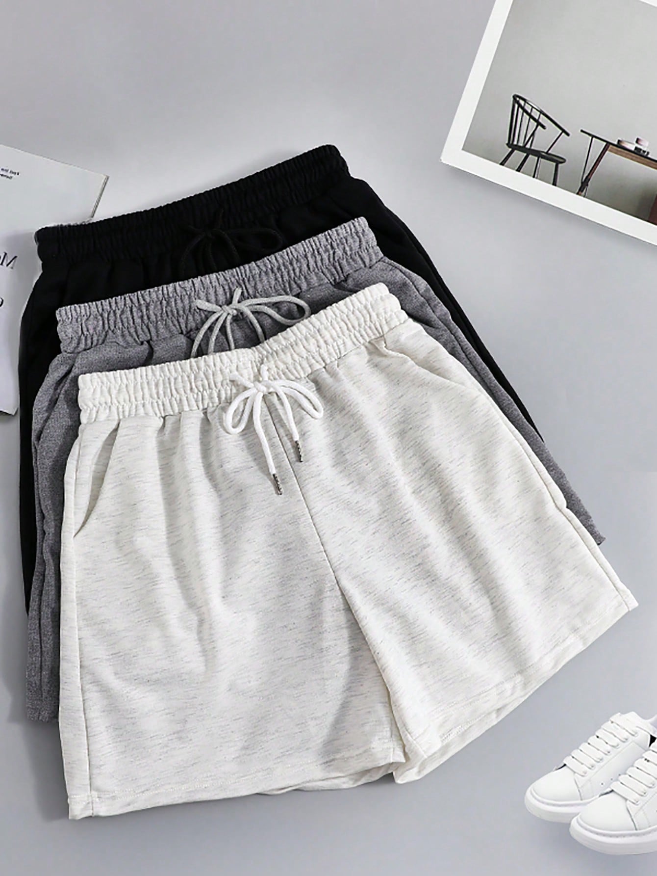 3pcs Solid Color Casual Shorts, Drawstring Elastic Waist Running Fitness Shorts, Women's Summer Sports Shorts, Jogging Shorts, Ladies Boxer Shorts