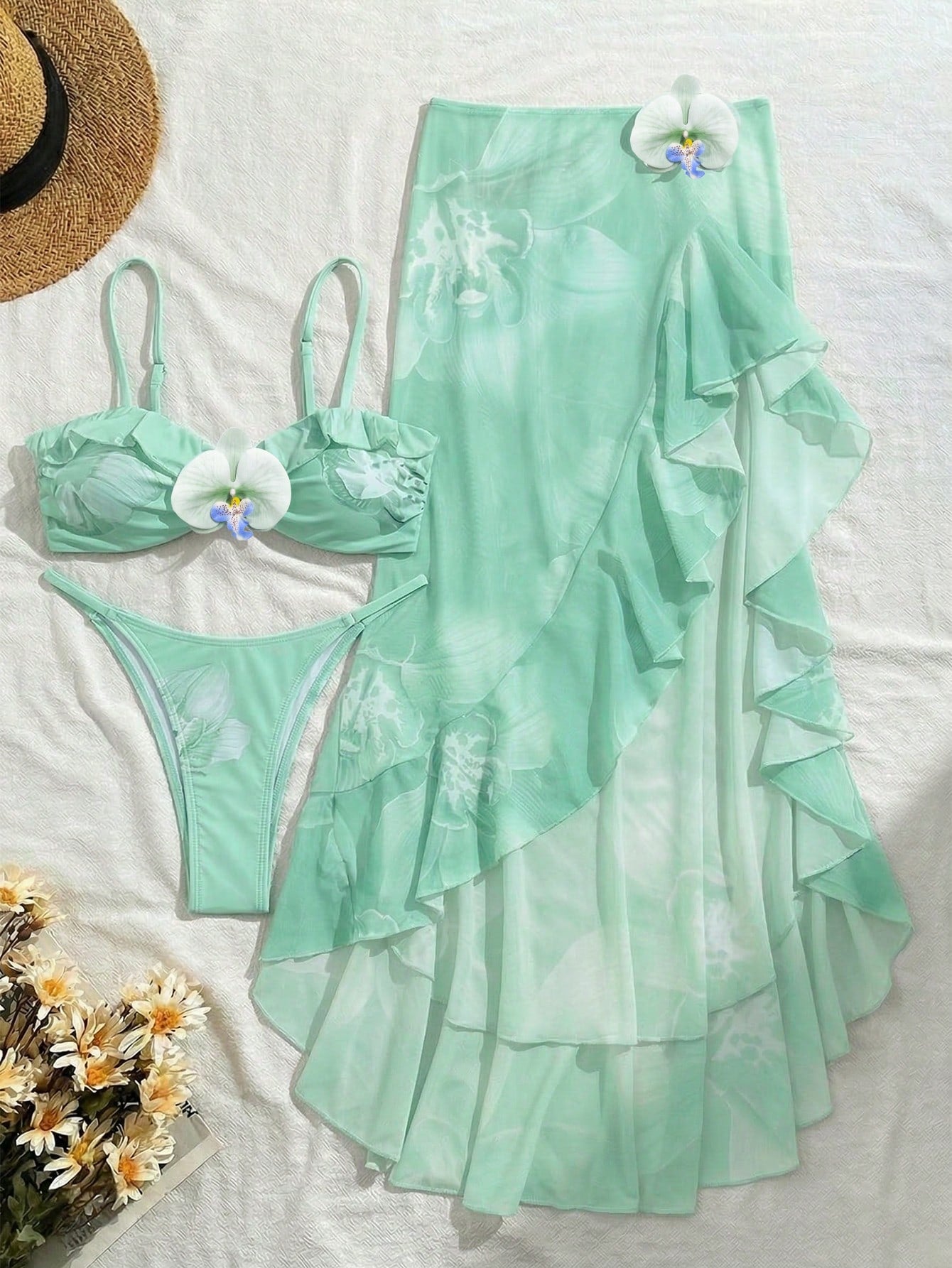 3pcs Women Floral Print Elegant Sexy Backless Tie Knot 3D Flower Skirt Bikini Set, Suitable For Beach & Resort Wear, Spring/Summer Vacation