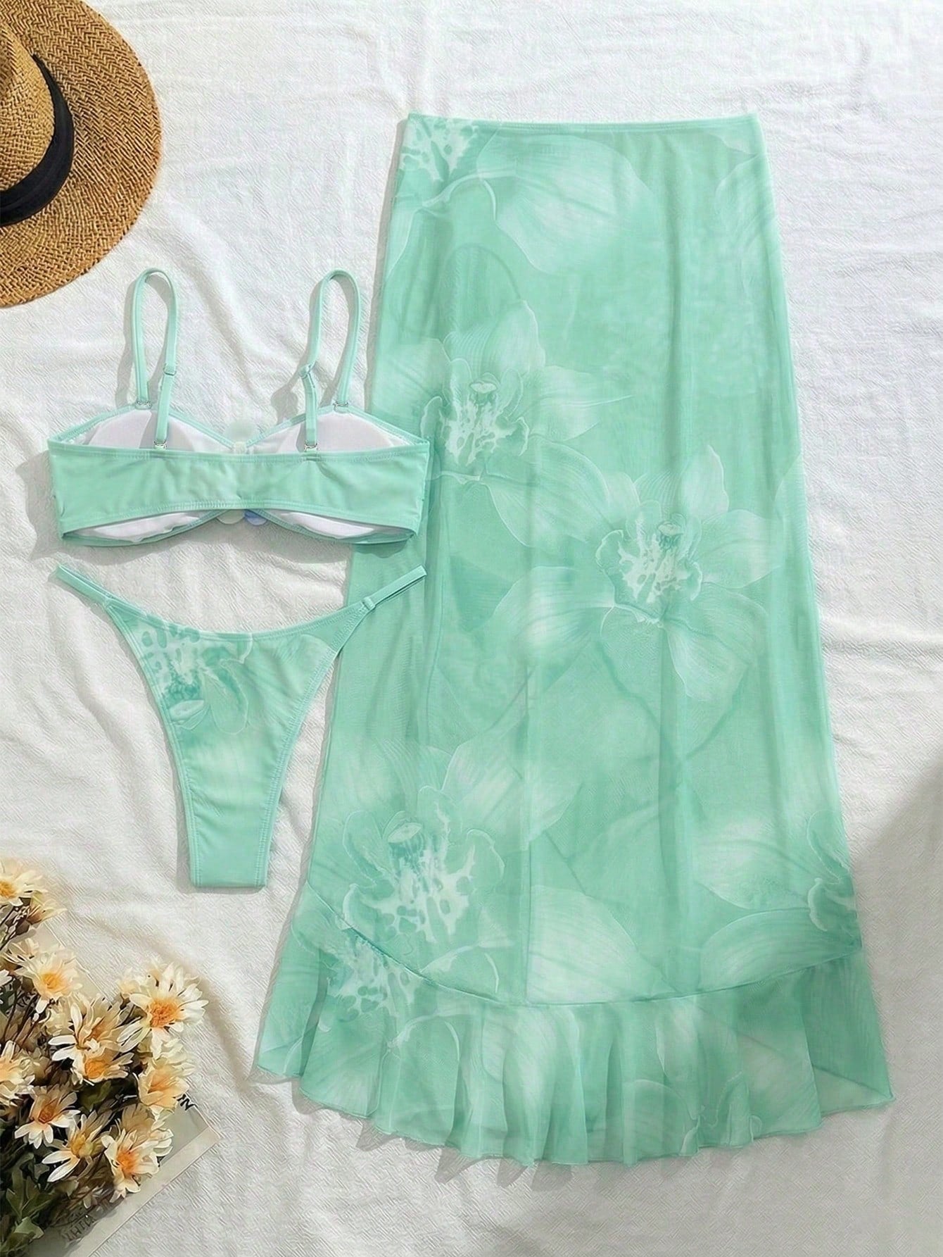 3pcs Women Floral Print Elegant Sexy Backless Tie Knot 3D Flower Skirt Bikini Set, Suitable For Beach & Resort Wear, Spring/Summer Vacation