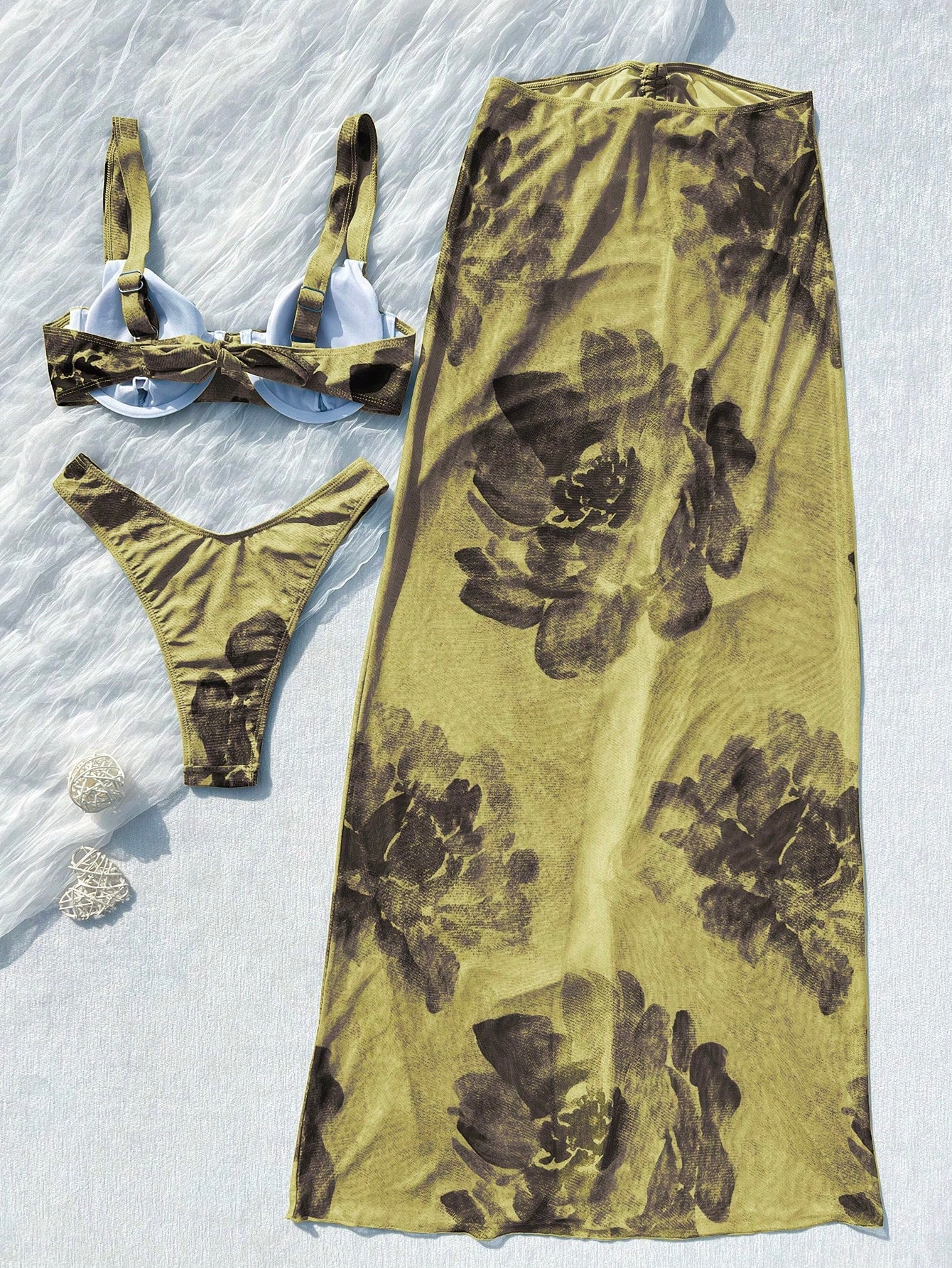 3pcs Women's Floral Bikini Set With Ombre Floral Print Mesh Maxi Skirt. The Tie-Up Mesh Maxi Skirt Creates A Fresh And Look Summer Vacation Beach
