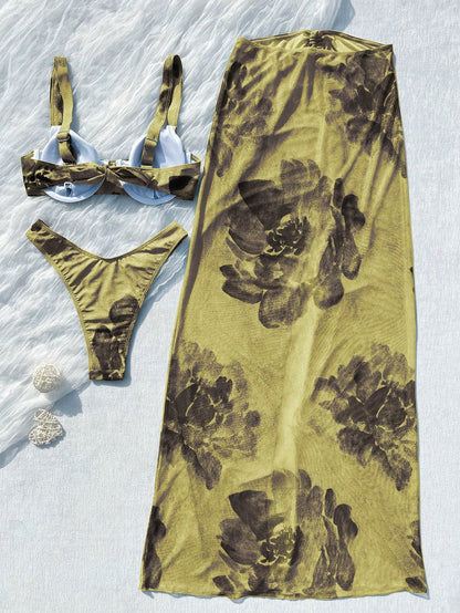 3pcs Women's Floral Bikini Set With Ombre Floral Print Mesh Maxi Skirt. The Tie-Up Mesh Maxi Skirt Creates A Fresh And Look Summer Vacation Beach